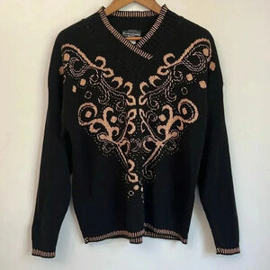 Women’s Knit Sweater V Neck Ribbed Vintage Mademoiselle Made USA Black Size L